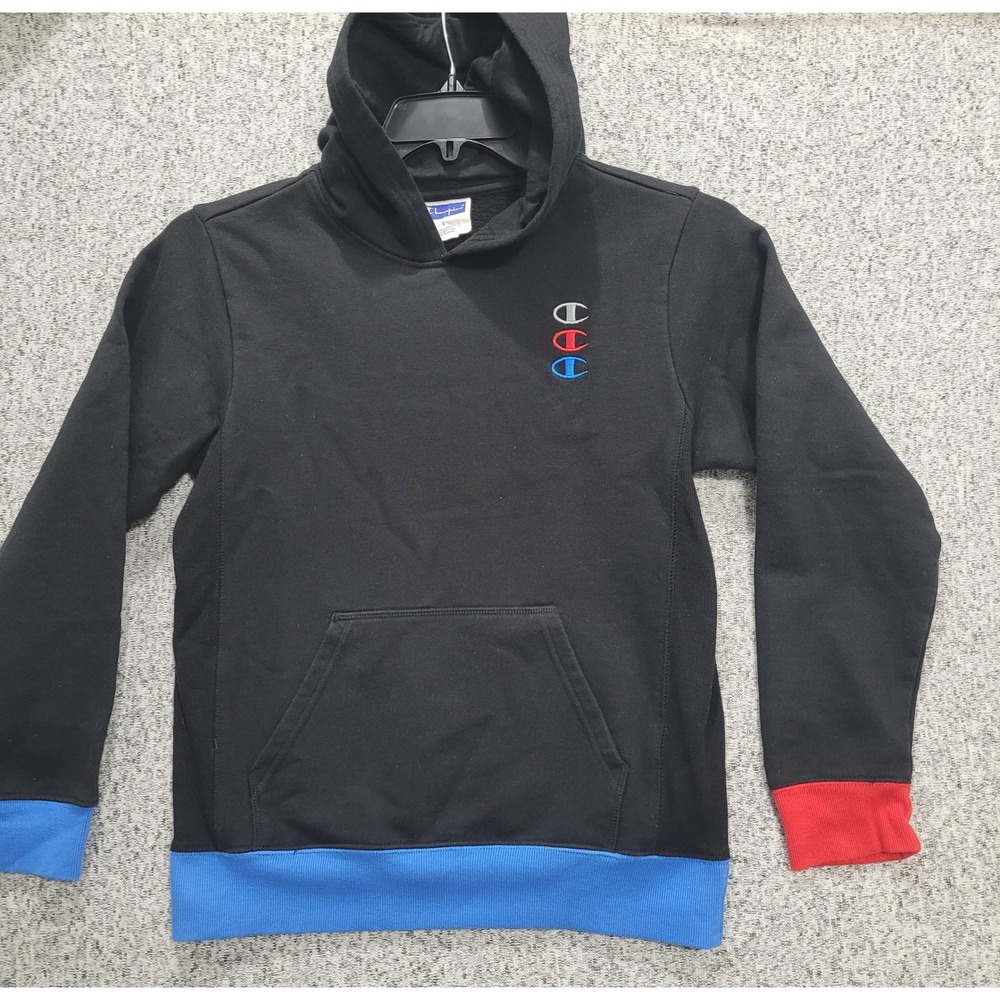 Champion Kids Black Colorblock Hoodie Triple Logo Sweatshirt Size L